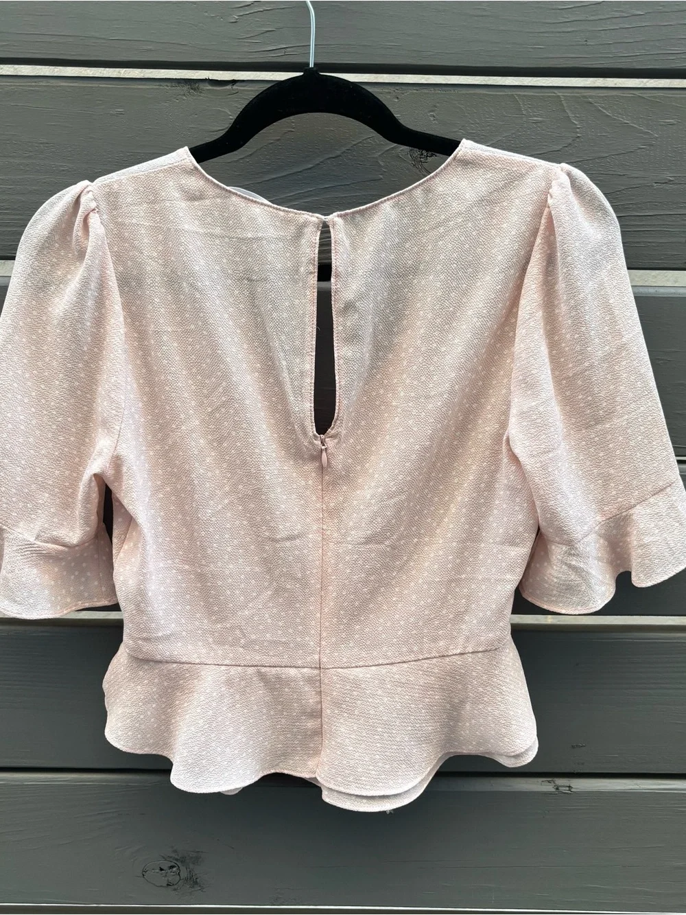 ASTR The Label Blush Swiss Dot Ruched Peplum Top Puff Sleeve S